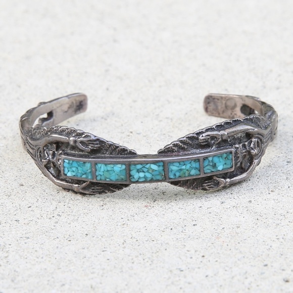 Sterling Turquoise Inlay Ethnic Cuff Bracelet